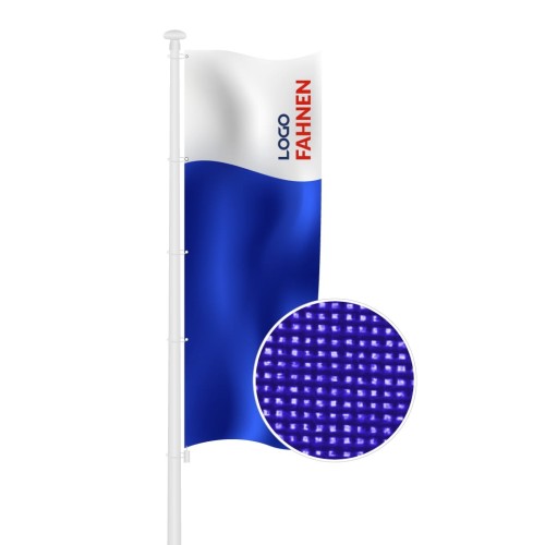 blau-weisse hissfahne mit logo und kreis mit stoffstruktur
