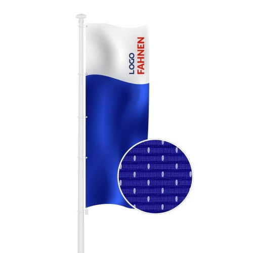vertikale fahne blau und weiss farbe mit logo oben und stoffmuster