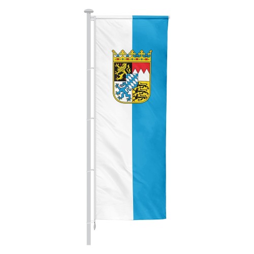 Bayern Flagge im Hochformat mit vertikalen Streifen mit Wappen.jpg